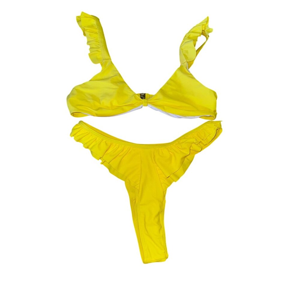 Yellow Ruffle Two-Piece Bikini Set Size Large Swimwear Beach‎ Pool Sexy Cute Y2K